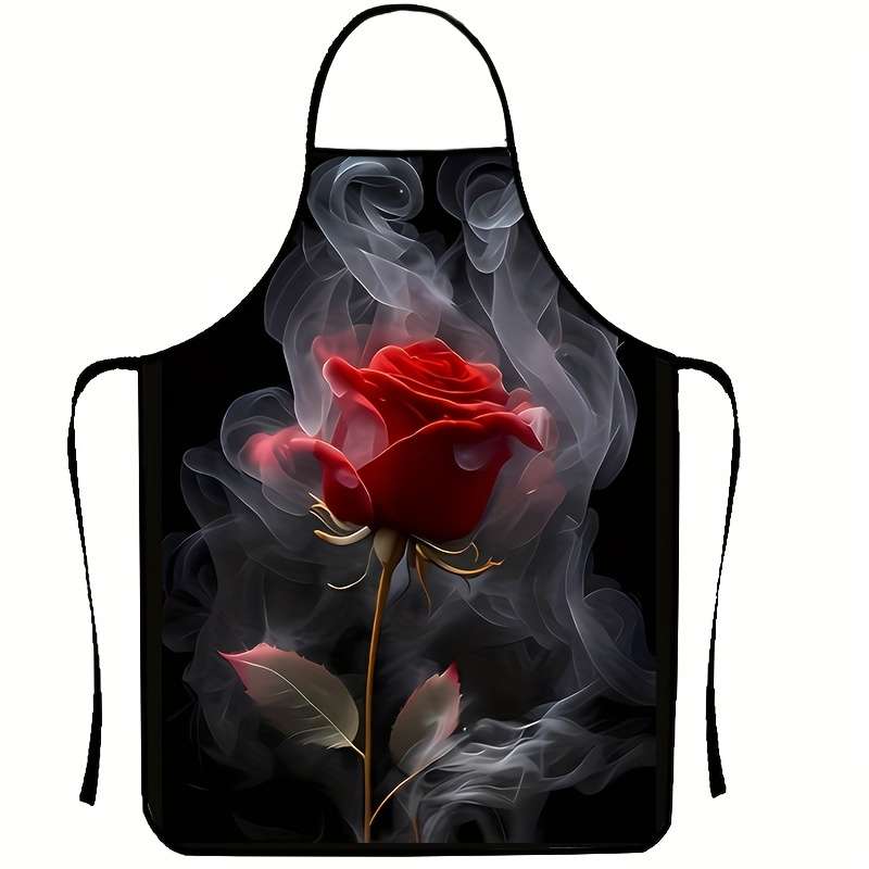 1pc Elegant Red Rose Pattern Polyester Apron Colorful Printed Sleeveless Kitchen Bib with Vib