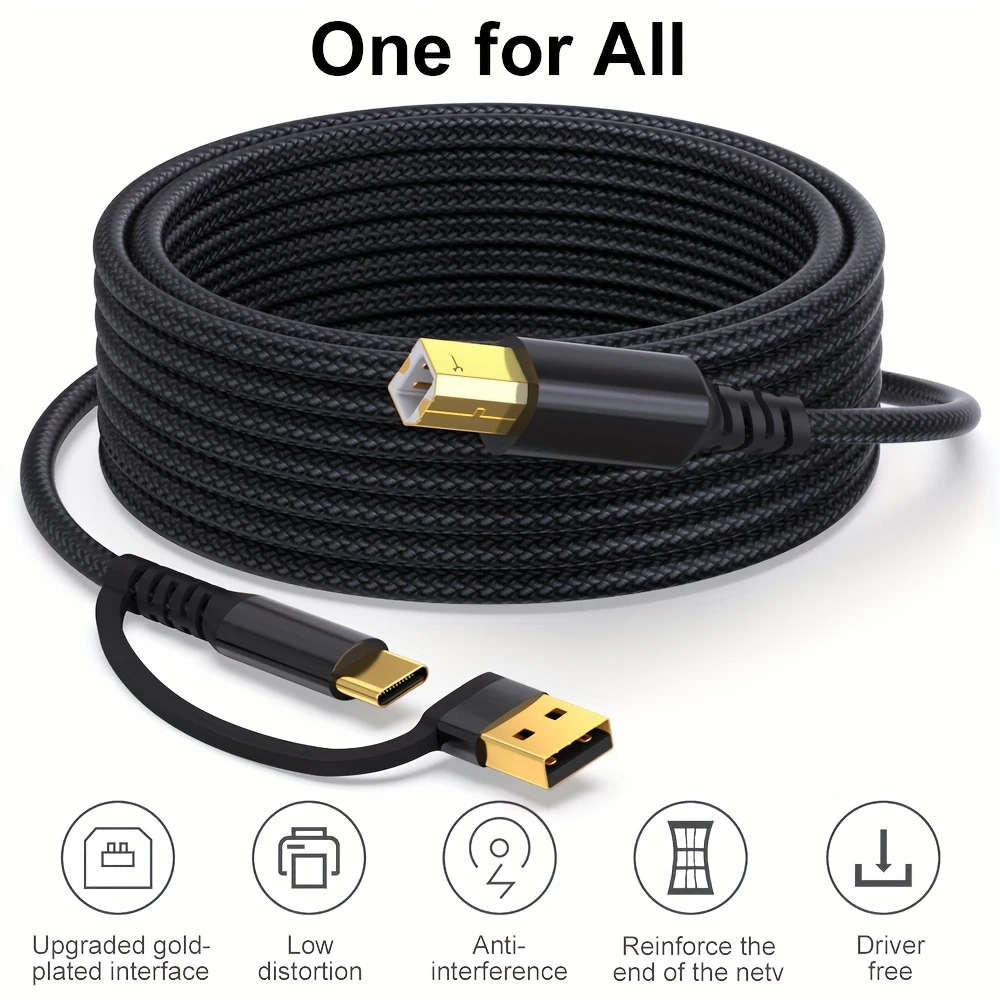 Printer Cable 2 in 1 USB A C To USB B Cable USB C MIDI Cable 100cm