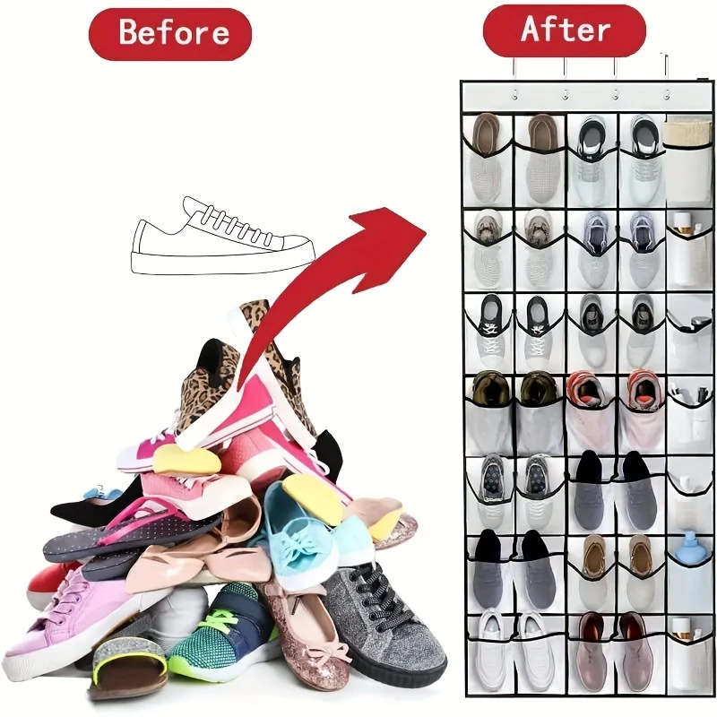 24Pocket Over-The-Door Shoe Organizer Durable Plastic Hanging Shoe Rack With Large Mesh Pockets