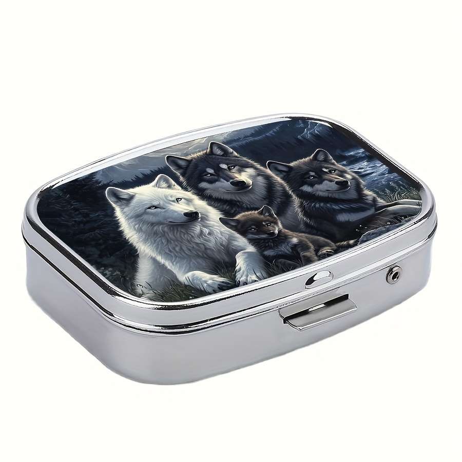 Wolf Family Metal Pill Box C Portable Decorative Organizer With Realistic Wolf Artwork Com
