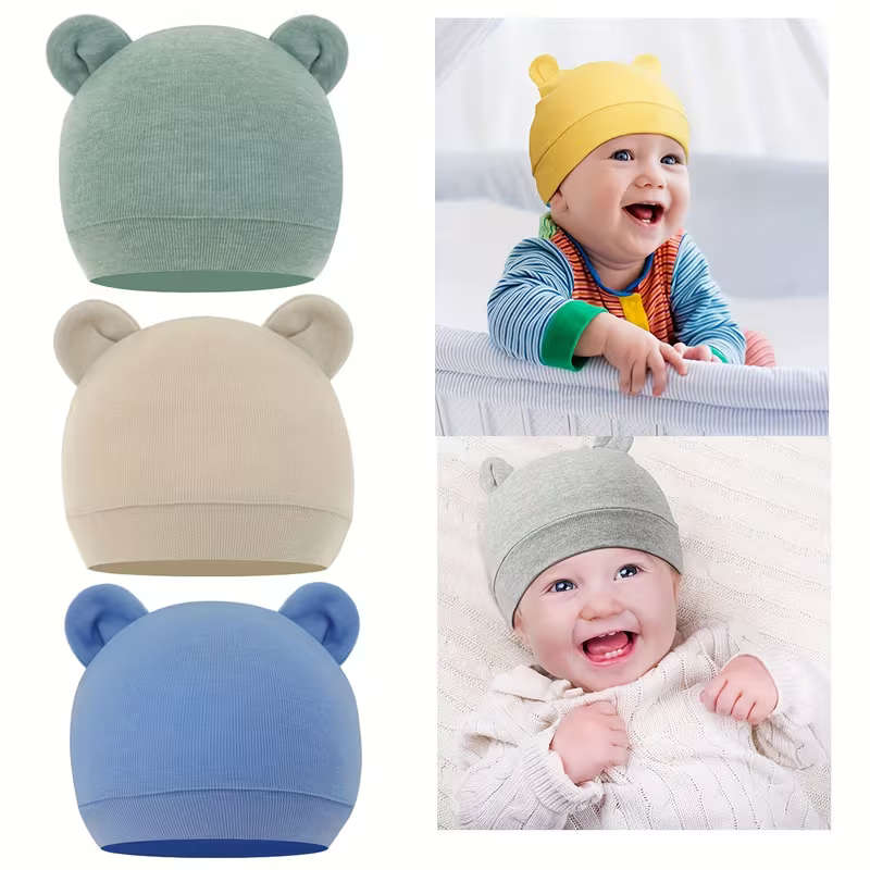 3pcs Baby Bear Ear Beanie Hats 0 To 6 Months