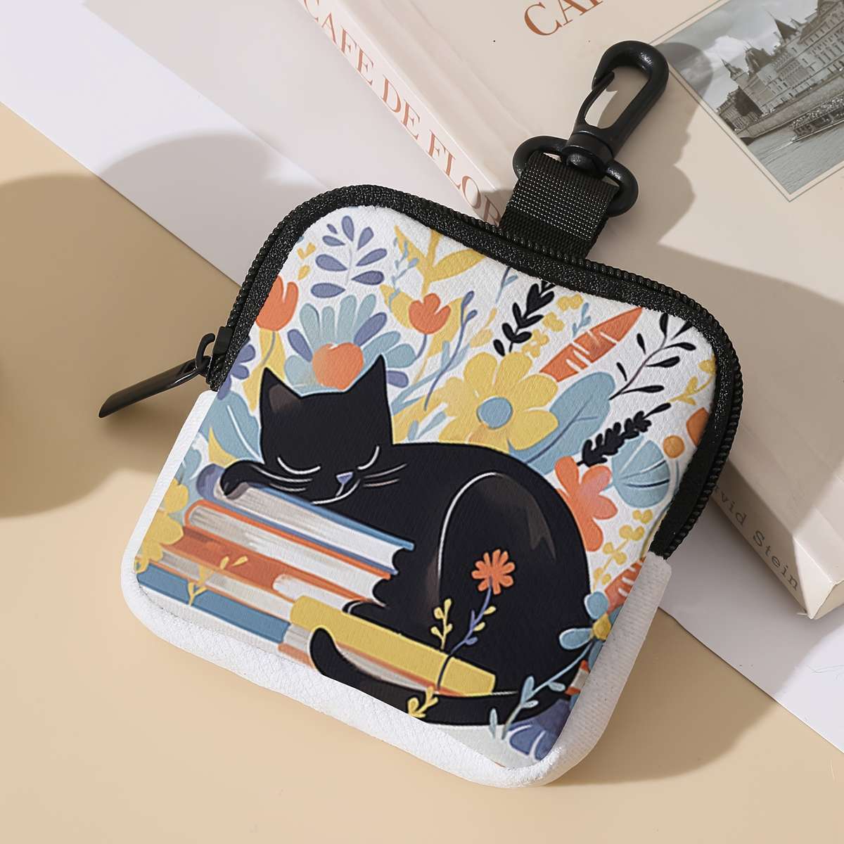 Contemporary Polyester Coin Wallet With Sleeping Cat Books Design Large Capacity Zippere