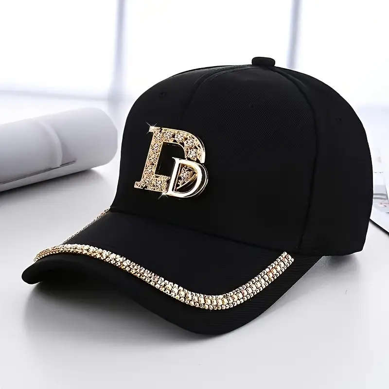 Stylish Black Baseball Cap With Golden Letter D Rhinestone Trim Adjustable Toggle