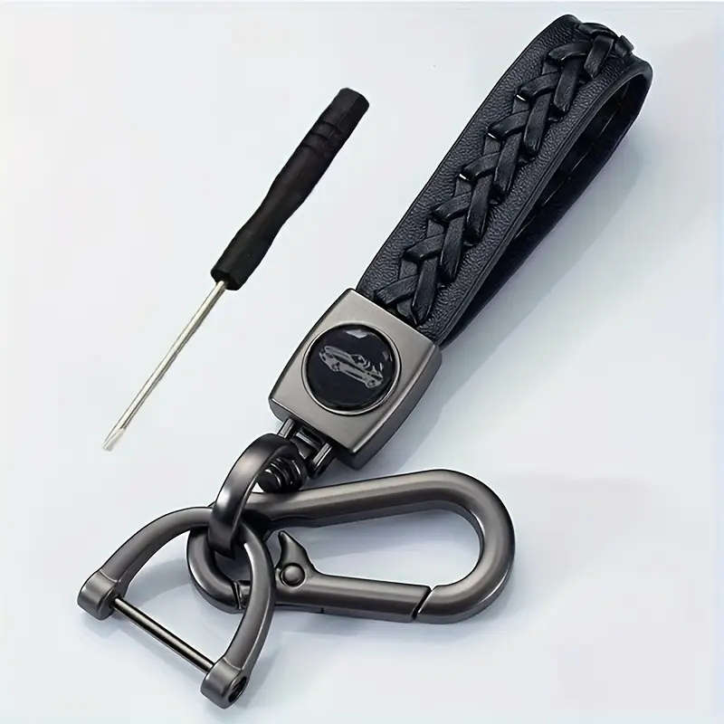 1 x Men's Braided PU Leather Strap Car Keychain Silvery