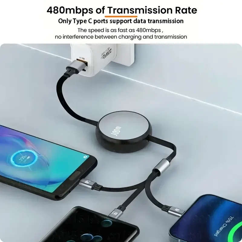 3 in 1 Retractable USB C 6A 100W USB Fast Charger