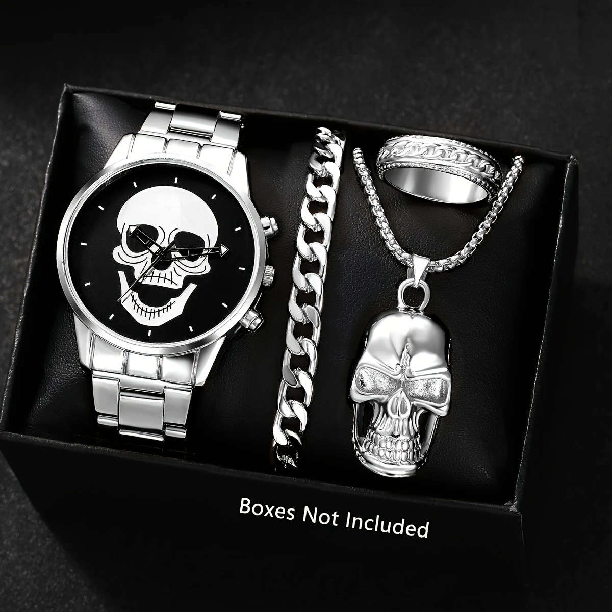 4pcs set Men'S Watch Trendypersonality Skull Circular Disc Quartz Watch And Pendant Necklace Ring Br