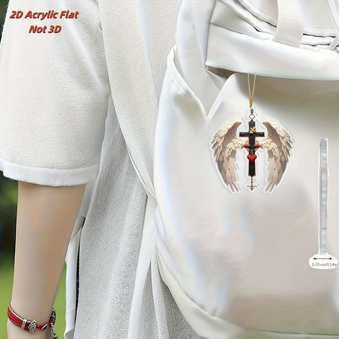 1pc 2D Flat   Acrylic Cross Pendant with Angel Wings Car Mirror Bag Keychain Accessory