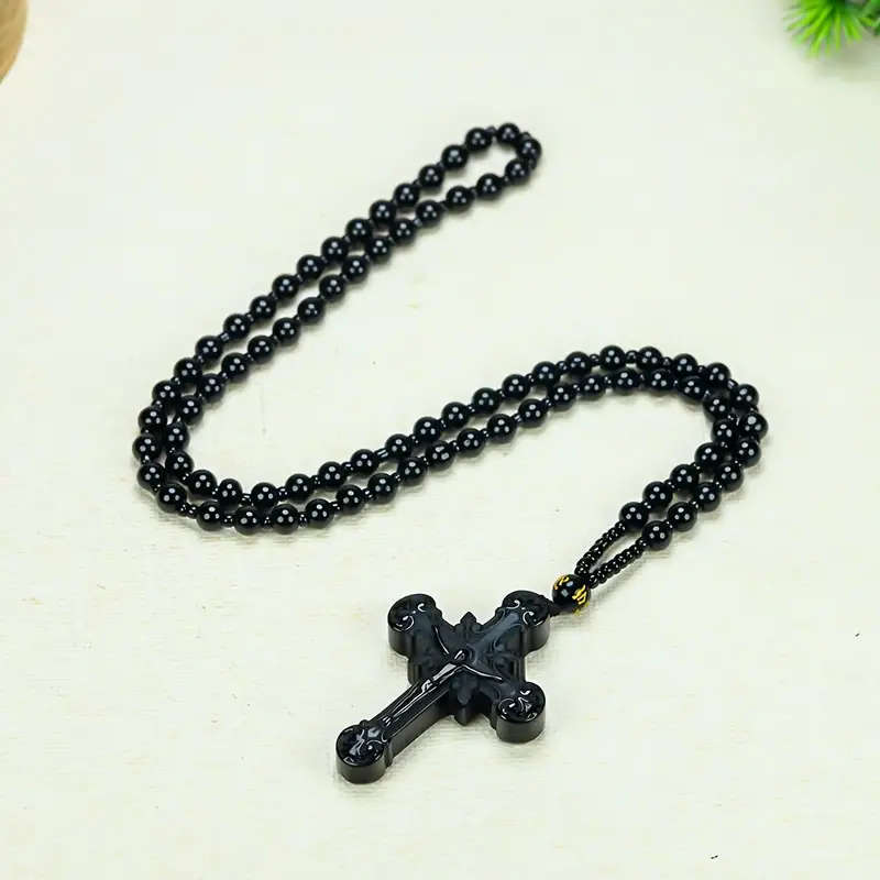 Natural Obsidian Cross Pendant Necklace