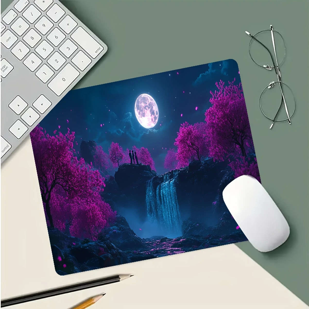 1pc 21x26cm Stunning Pink Cherry Blossom Waterfall Moonlit Scene Gaming Mouse Pad