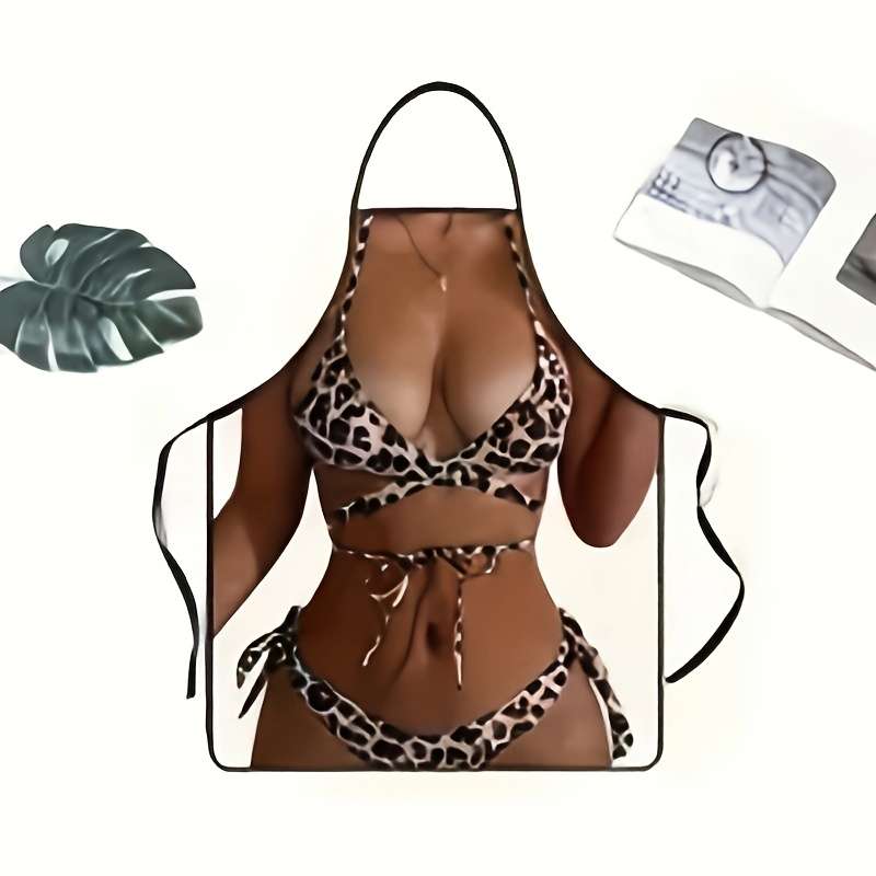 1pc Chic Leopard Print Bikini-Style Women's Apron Durable Polyester Perfect for Cooking Partie