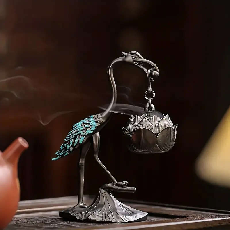 1 Elegant Metal Crane And Lotus Incense Burner