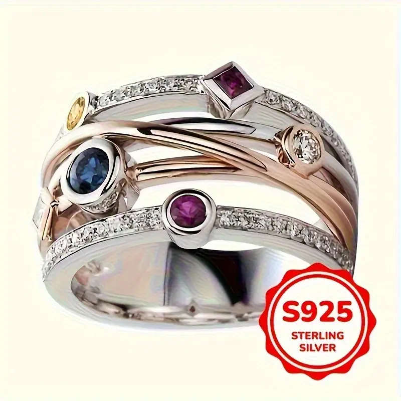 Multi-Layered Two-Tone 925 Sterling Silver Ring with Synthetic Gemstone, Bohemian Style