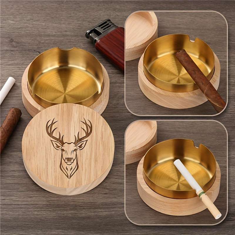 1 Oak Deer Head Pattern Ashtray Creative Fly Ash Ashtray With Lid Home Office Car Wooden Asht
