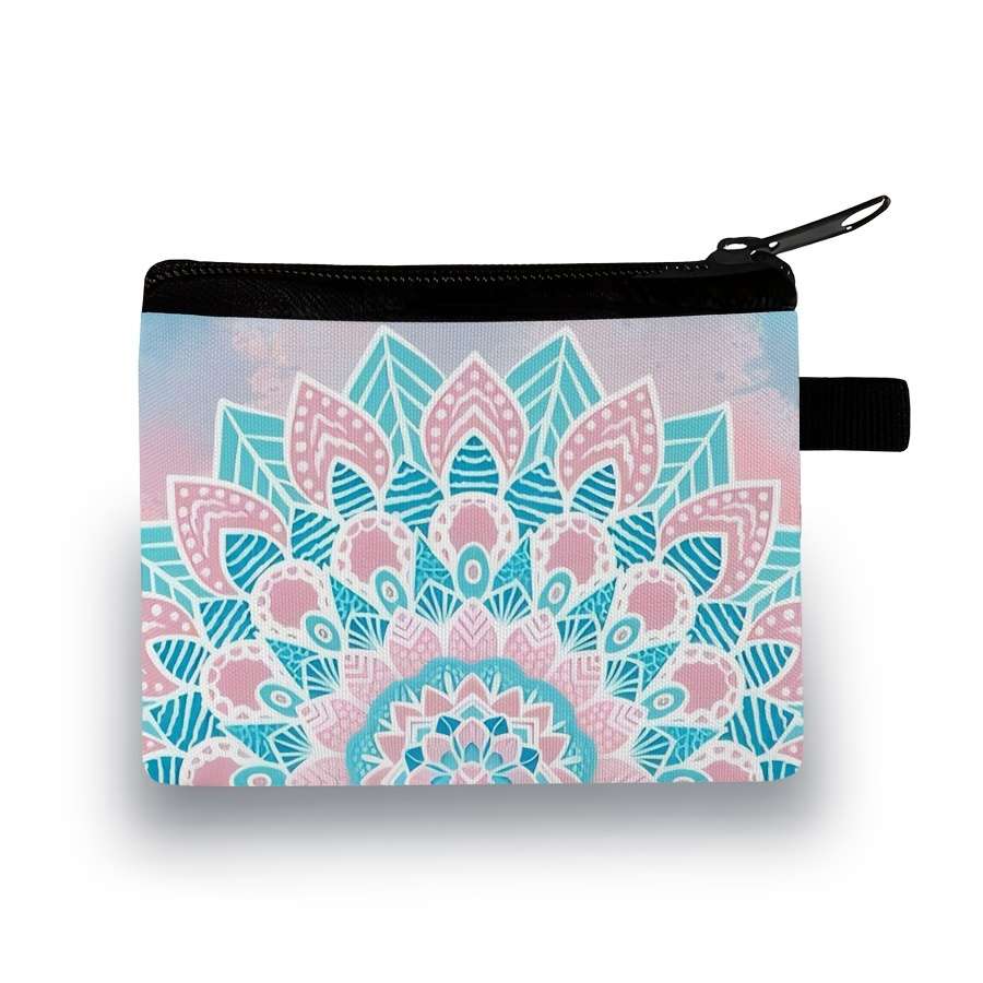 Stylish Mandala Print Zipper Pouch Lightweight Durable Polyester Coin Purse With Vibrant Flor