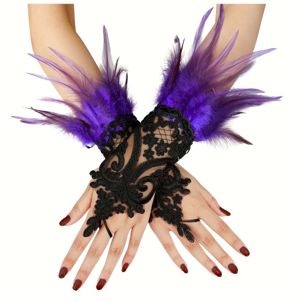 1 Pair Red Lace Faux Feather Gloves