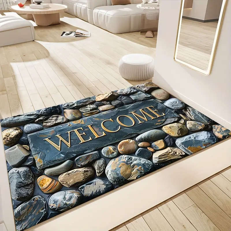 1pc Elegant Pebble Design Welcome Mat Stone Pattern Crystal Velvet Rectangular Rug Non-Slip Durable