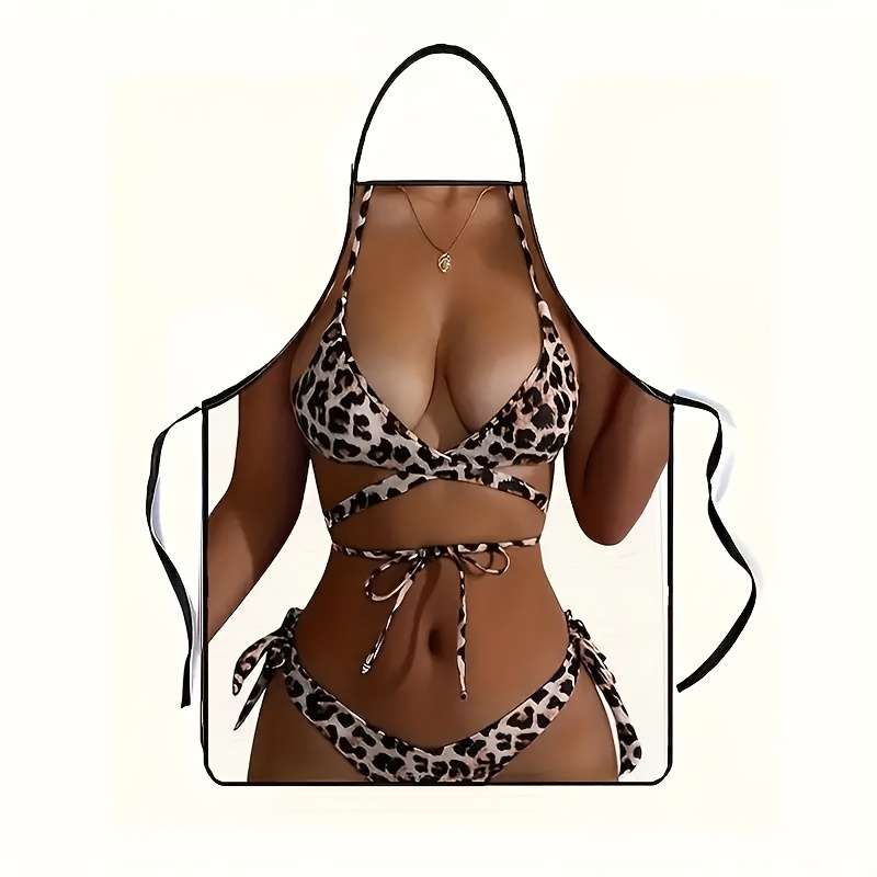 1pc Chic Leopard Print Bikini-Style Women's Apron Durable Polyester Perfect for Cooking Partie