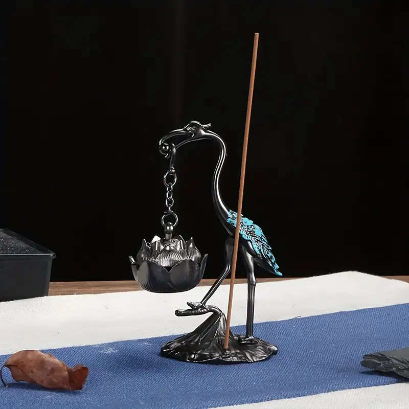 1 Elegant Metal Crane And Lotus Incense Burner