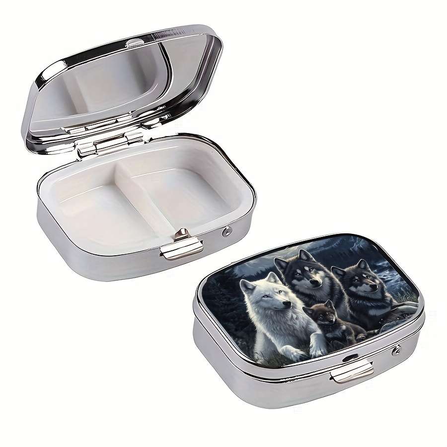 Wolf Family Metal Pill Box C Portable Decorative Organizer With Realistic Wolf Artwork Com