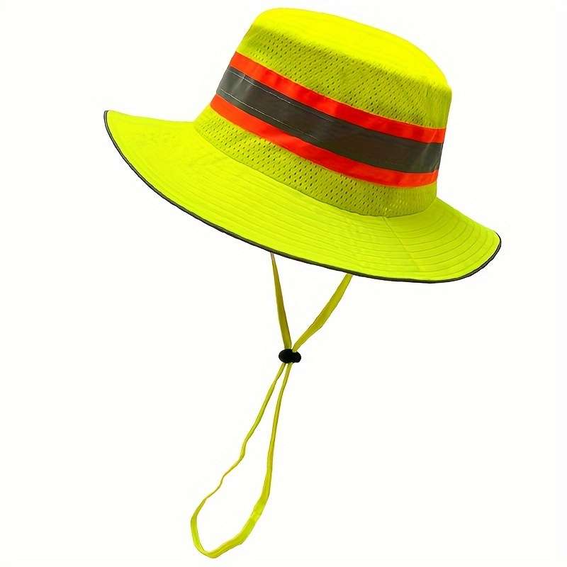 Fluorescent Mesh Bucket Hat With Reflective Strips Windproof Rope Protection Lightweight Su
