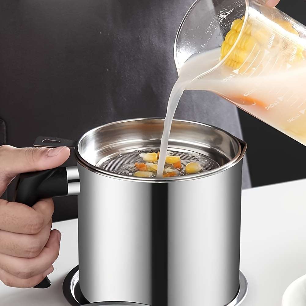 1pc Stainless Steel Kitchen Grease Container with Strainer Easy-Pour Handle Ideal for Cooking Oi