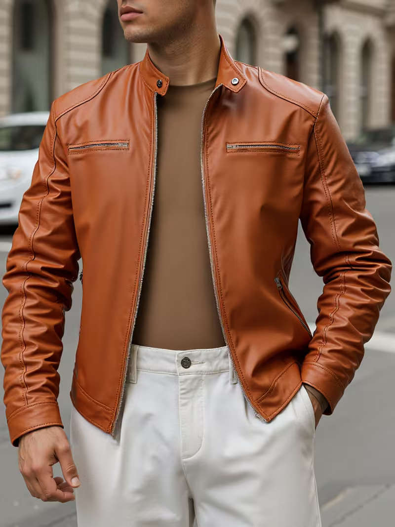 Khaki PU Leather Jacket - XXL