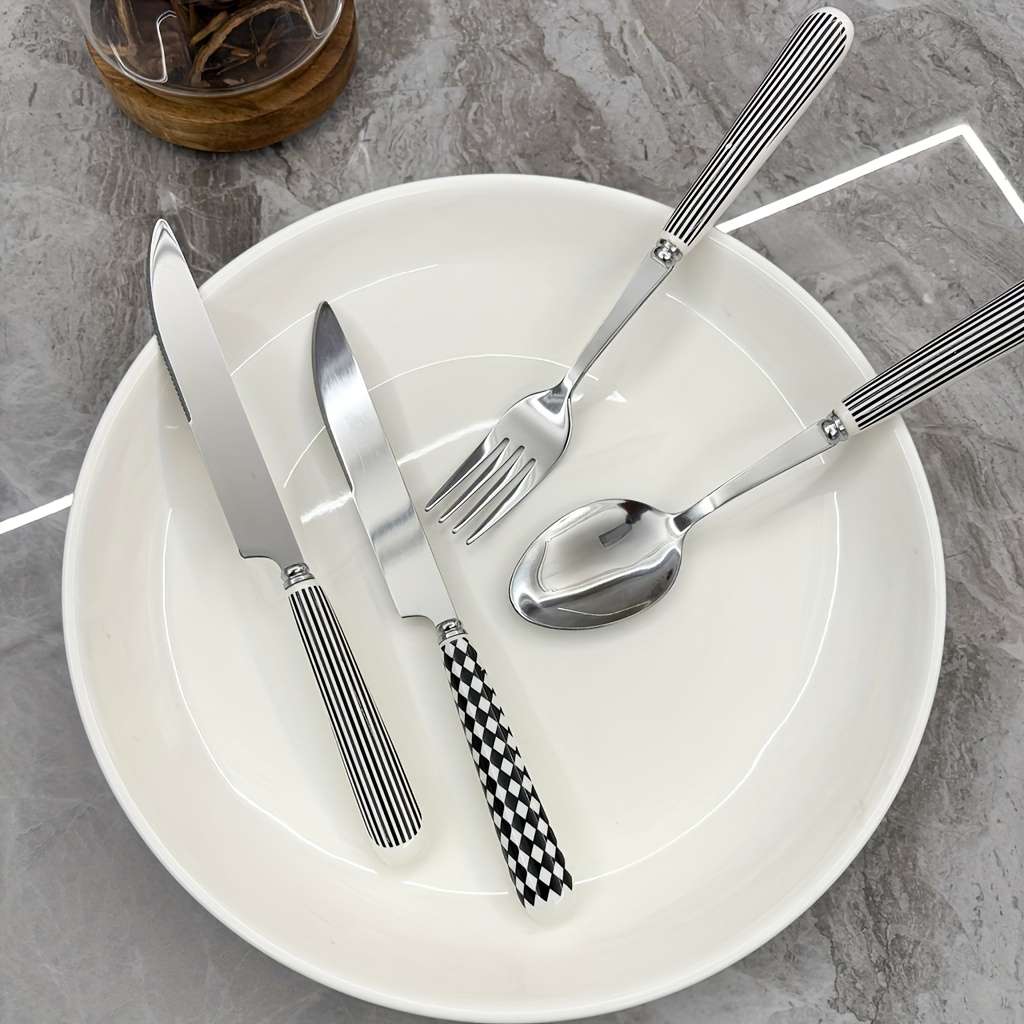 4pcs Ceramic Handle Stainless Steel Cutlery Polished Surface Cutlery with Striped Pattern Pr