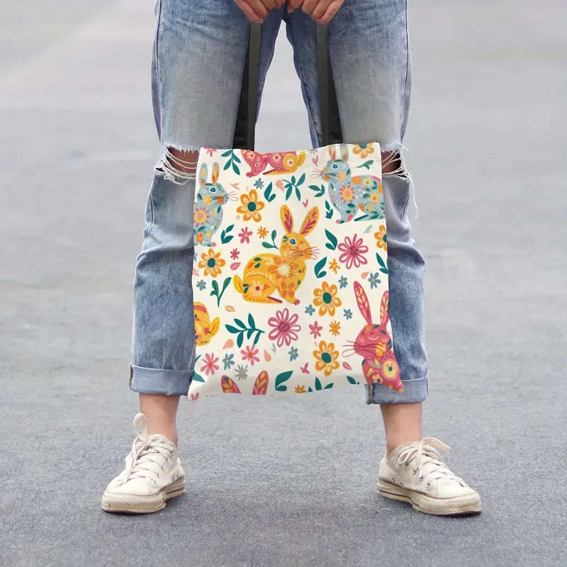 1pc Easter Bunny Decoration Vibrant Florals Canvas Tote Bag Large Women Casual Shoulder Bag Handbag