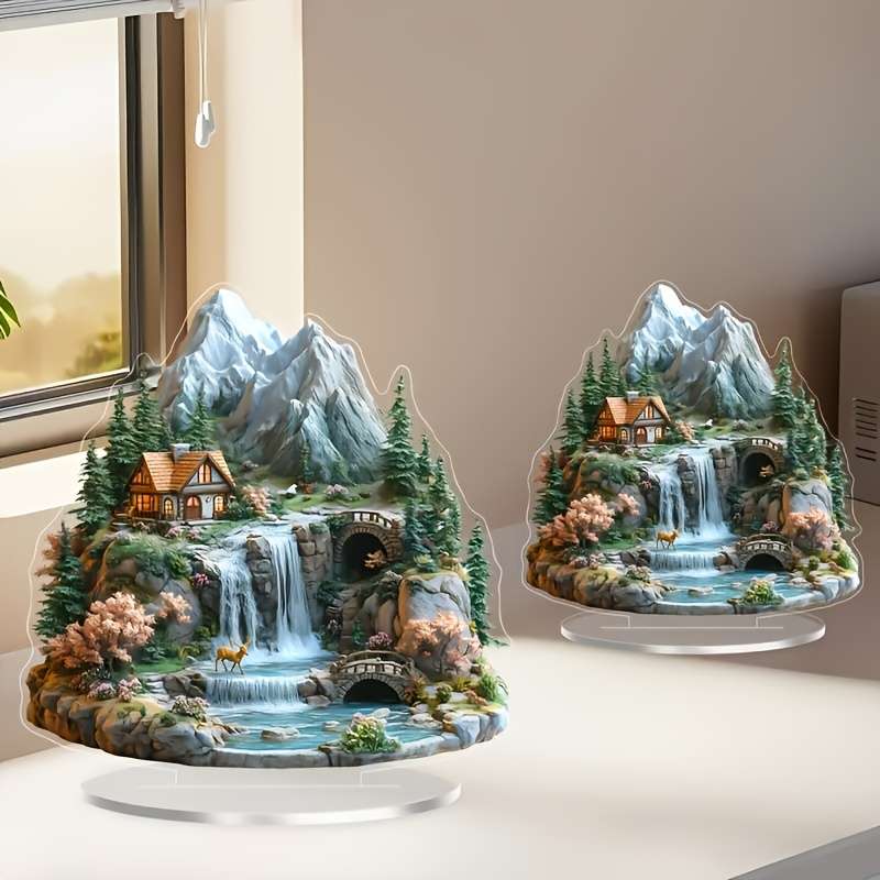 1pc 2D Flat  Decoration Charming Acrylic Mountain House Decoration with Waterfall and Forest La