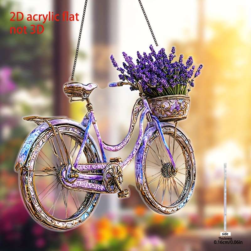 2D Flat Of Acrylic Charming Lavender Bicycle Light Catcher With Flower Basket Ve