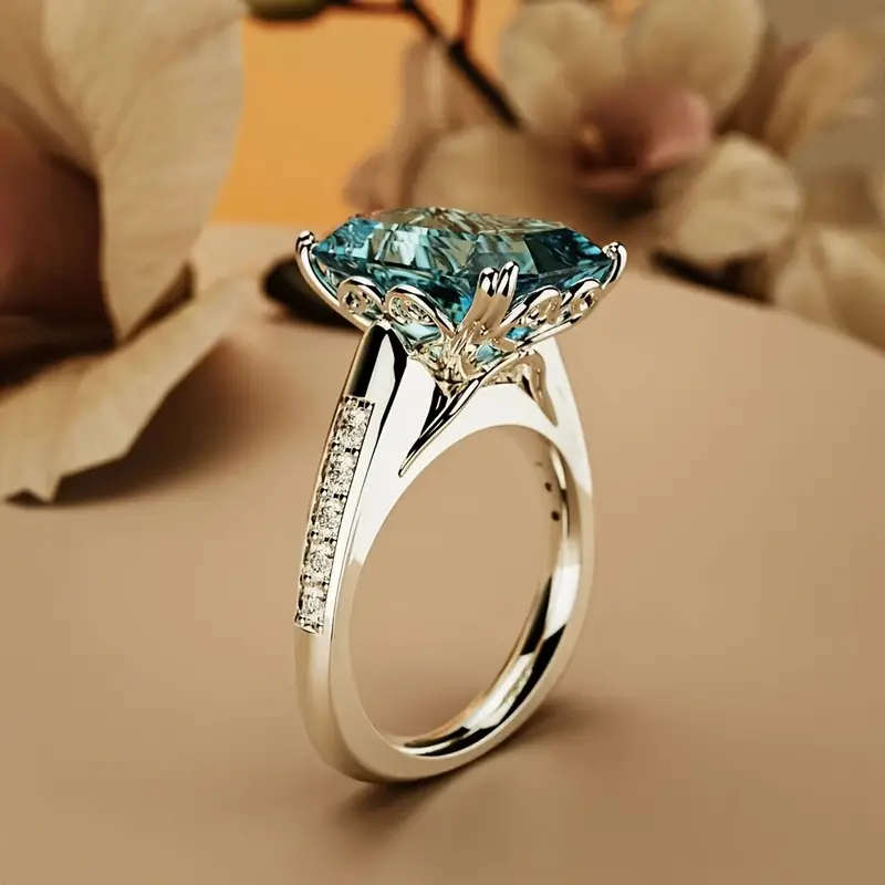 Elegant Green Cubic Zirconia Ring, Fashion Cut Square Shape