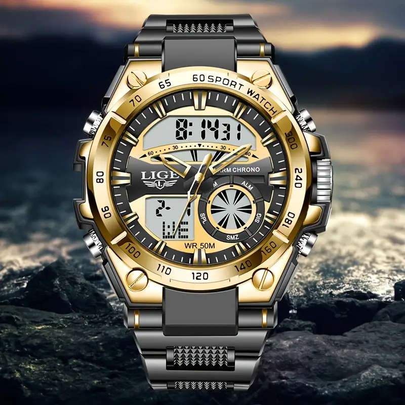 Men's Sports Dual Display Watch Silvery Black