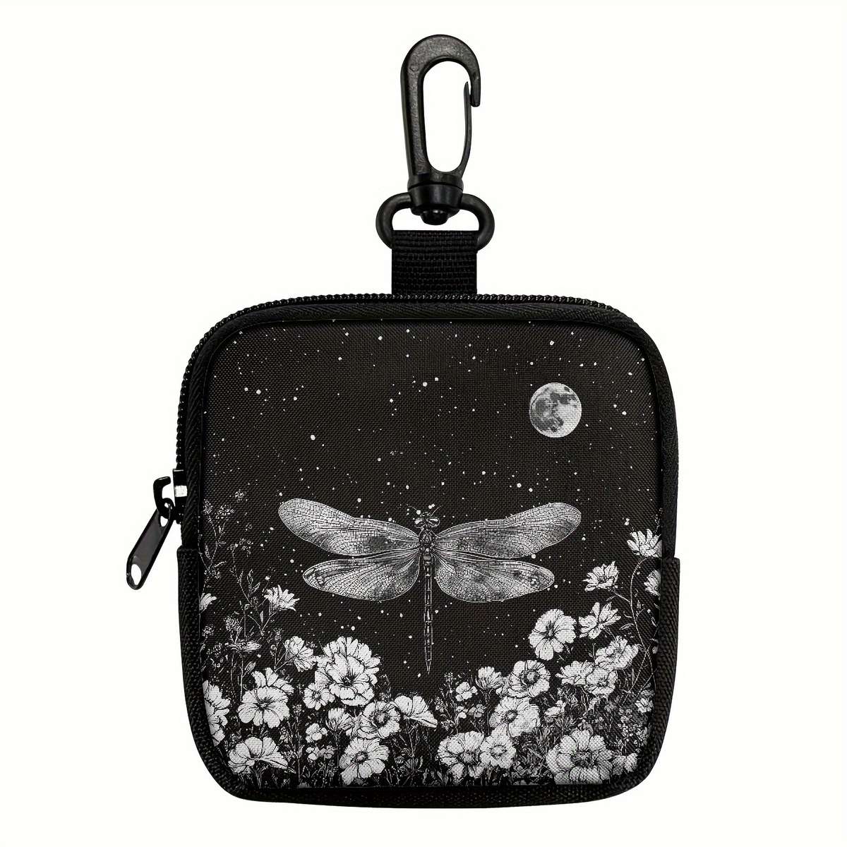 Multi-Pocket Zippered Wallet Coin Purse Chic Floral Dragonfly Print Hanging Purse With Key