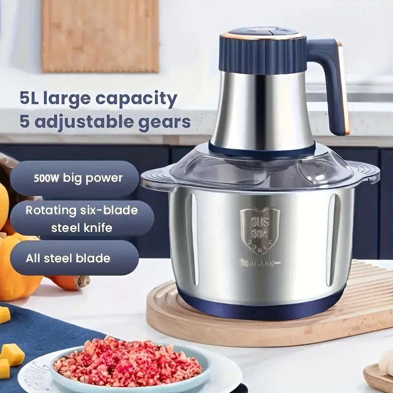 5L Multifunctional Electric Chopper Food Processor Stainless Steel Five Speed