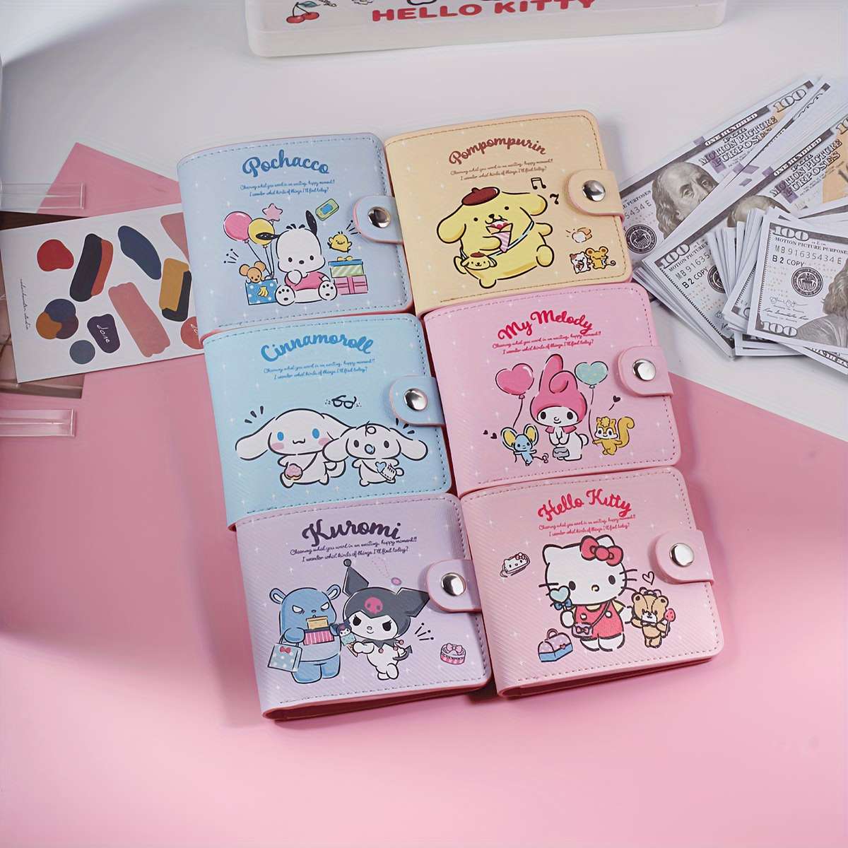 Sanrio Cartoon Cute Wallet Pink Yellow Blue Purple Multi-Compartment Wallet With Button