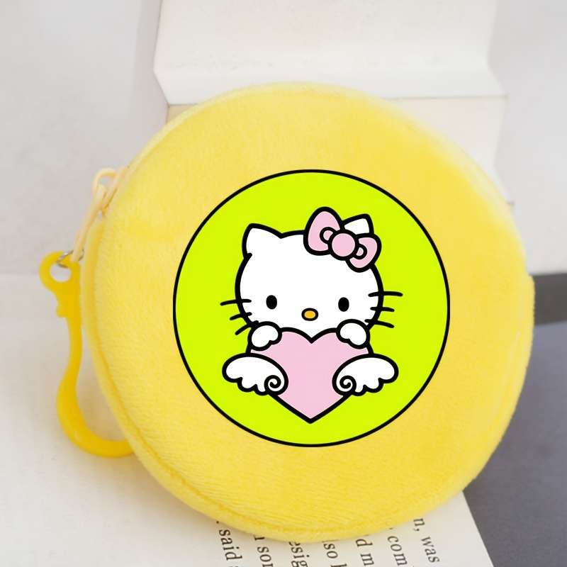 1pc Sanrio Hello Kitty Coin Pouch Round Zippered Purse Cute Plush Wallet Fashionable Keychain N