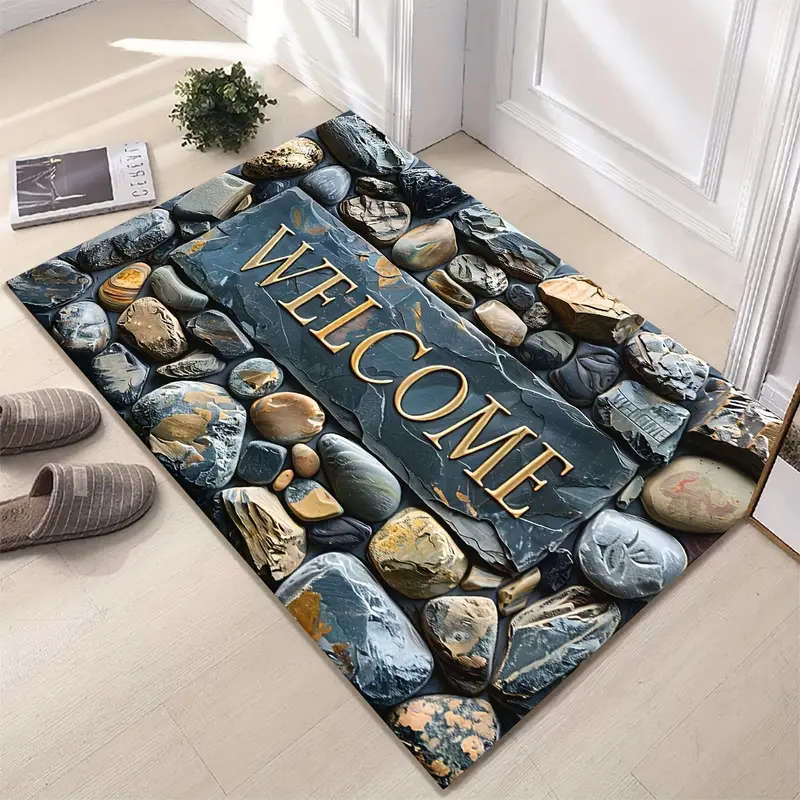 1pc Elegant Pebble Design Welcome Mat Stone Pattern Crystal Velvet Rectangular Rug Non-Slip Durable