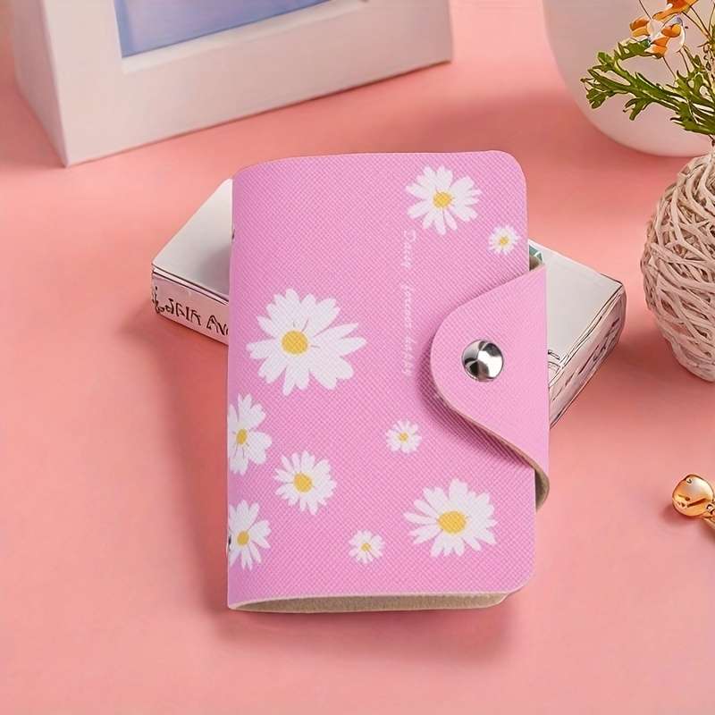 1pc 1 elegant and charming daisy mini card holder PU large capacity buckle closure multifuncti