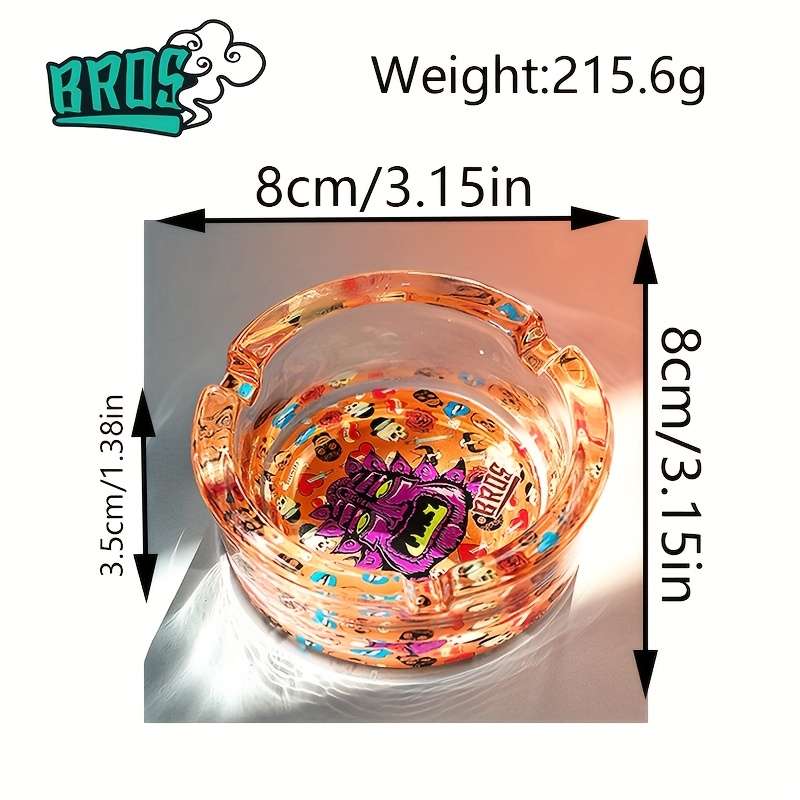 1pc Creative Patterned Glass Ashtray Round Transparent Design with Vibrant Monster Graffiti