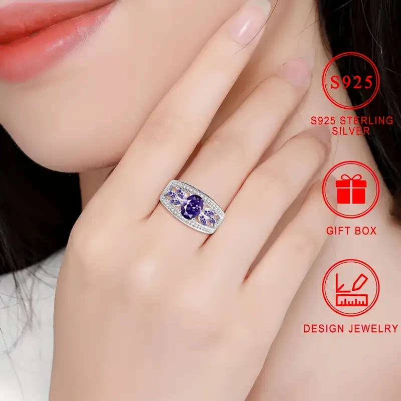 925 Pure Silver Ring, Set with Sparkling Purple Cubic Zirconia