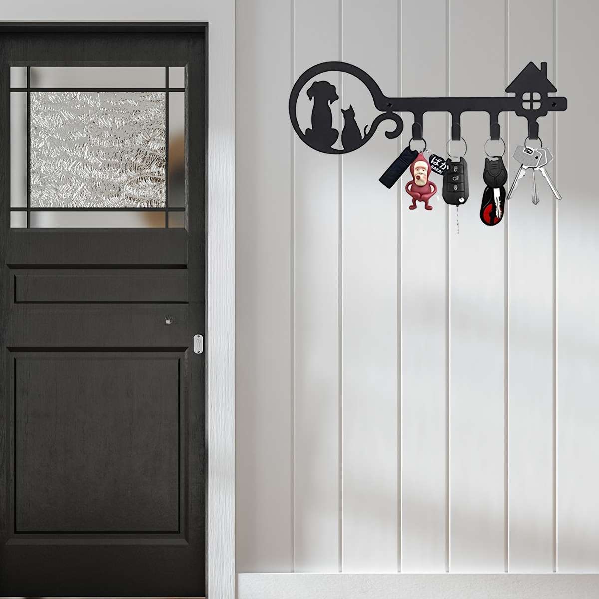 Decorative Black Metal Key Holder 11-inch Cat And Dog Silhouette 4 Hooks Wall Mount