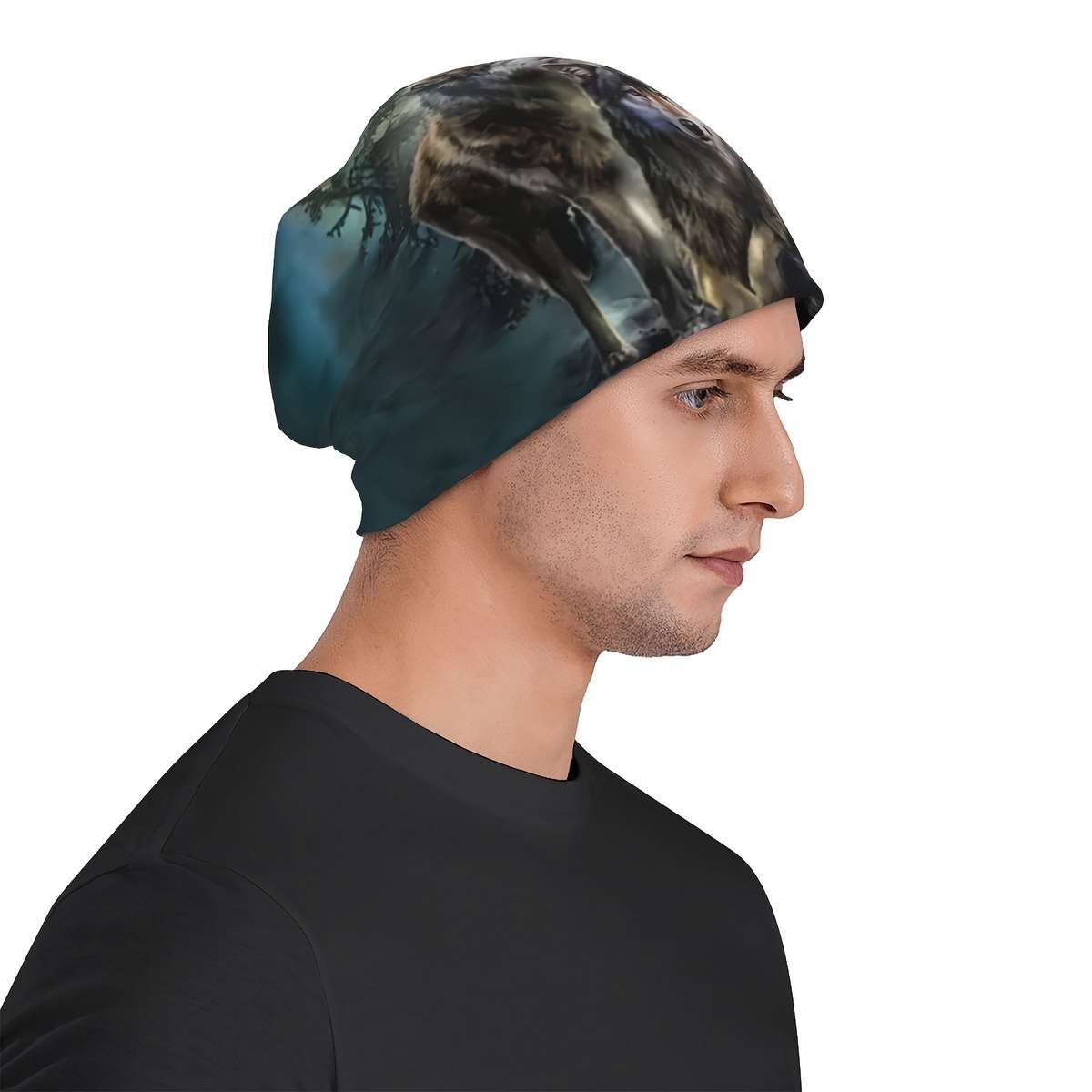 Wolf Print Brimless Skull Cap Polyester Spandex Blend Funky Style Soft Knit Fabric Wit