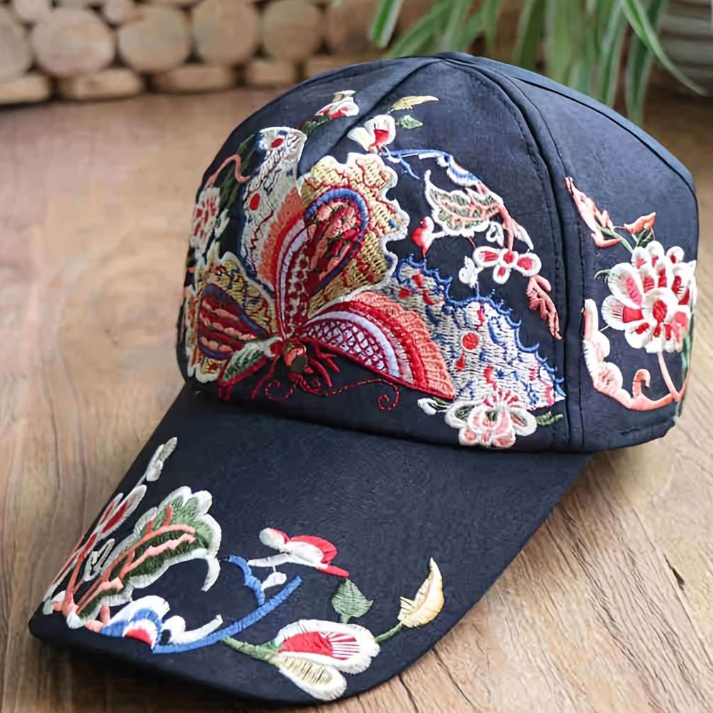 1pc Elegant Oriental-Inspired Women's Baseball Cap with Floral Bird Embroidery Adjustable Sun-