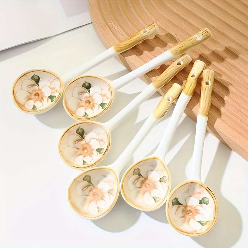 6pcs Elegant Long-Handle Ceramic Coffee Spoons with Floral Design Ideal for Serving Coffee T