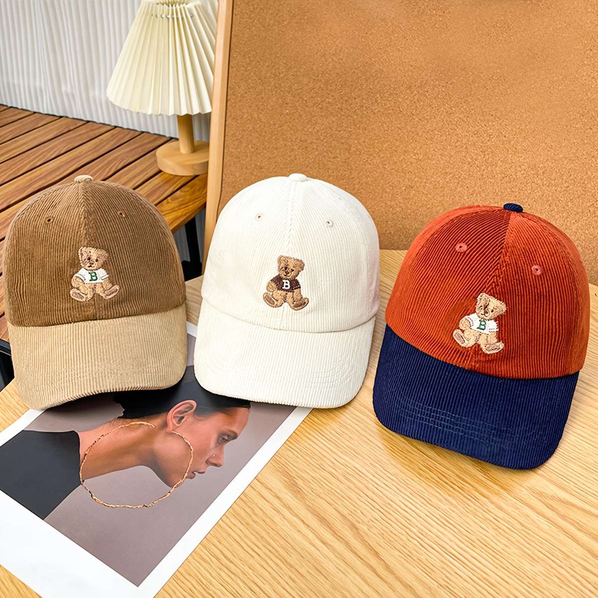 Anime Bear Embroidery Cotton Corduroy Baseball Cap