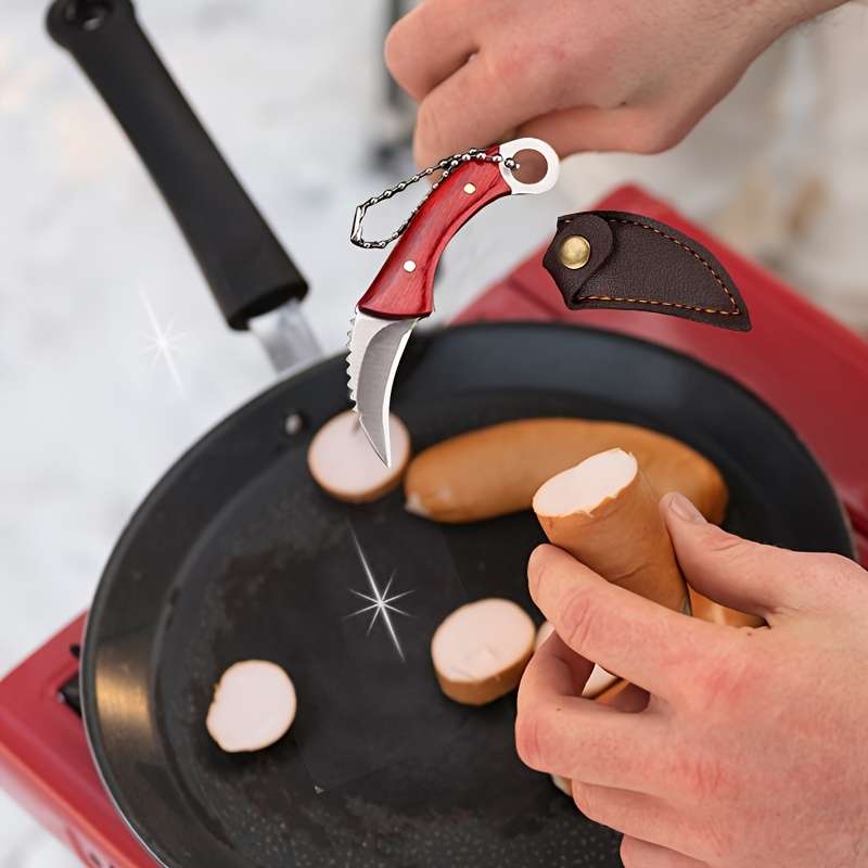 1pc Compact Stainless Steel Keychain Knife with Red Handle Faux Leather Sheath