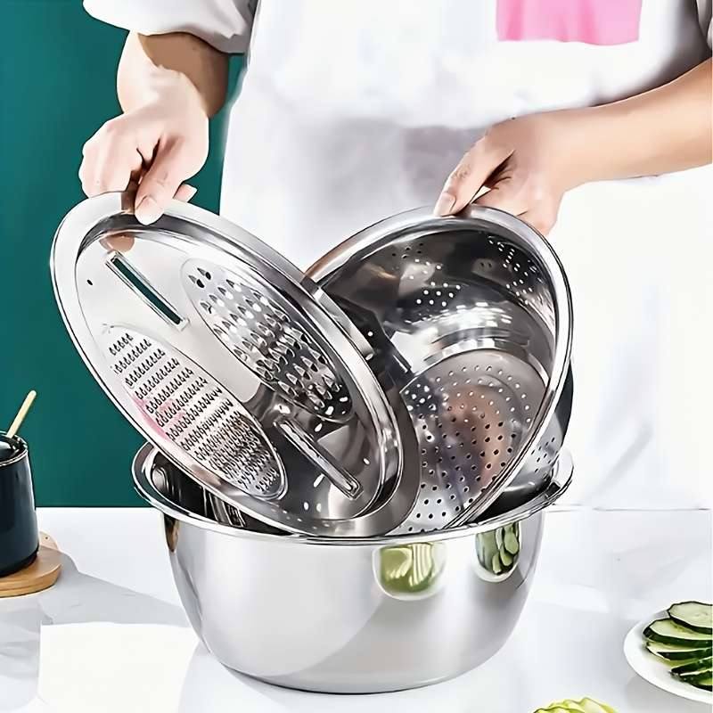 3pcs stainless steel kitchen set with integrated grinder multi-function strainer and mixing bo