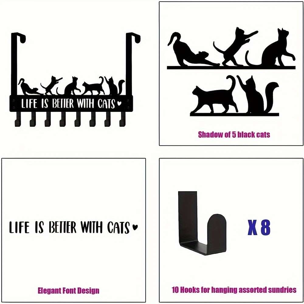 HELLOYOUNG Contemporary Metal Over the Door Cat Hooks Black Decorative Towel Coat Rac