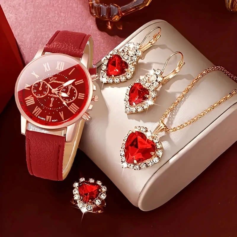 4pcs Set Elegant Women'S Fashion Round Dial Quartz Watch and Jewelry Set Shock-Resistant Analog Disp