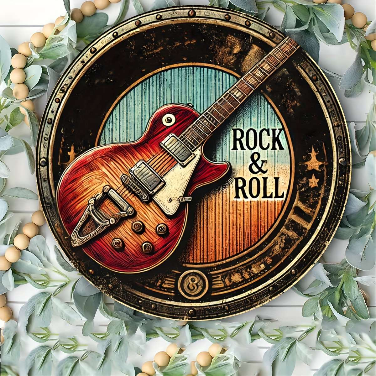 2D Flat Vintage Rock Roll Guitar Metal Wall Art Sign 20.32x20.32 cm Round Iron Decorative